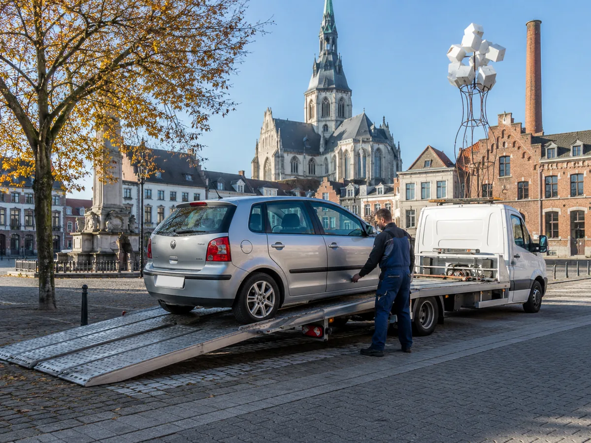 Auto wordt in Tienen op een oprijwagen geladen voor gratis ophaling, met de stad op de achtergrond