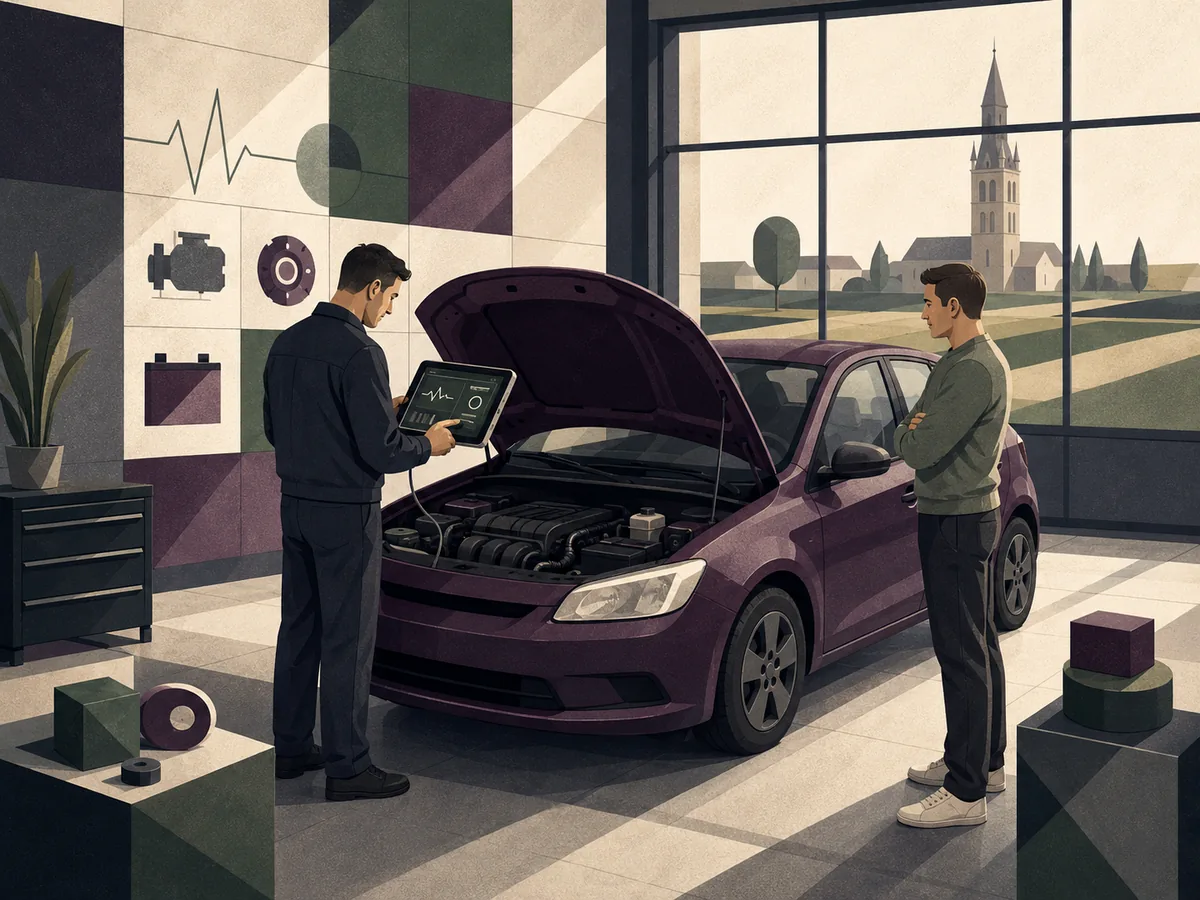 Taxatie in Tienen: de auto opkoper controleert met een tablet de motor van een wagen, met een kerktoren in de verte